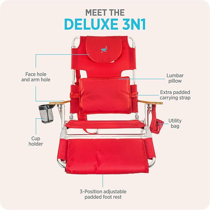 Ostrich the Deluxe 3N1 Lightweight Lawn Beach Reclining Lounge Chair with Footrest, Outdoor Furniture for Patio, Balcony, Backyard, or Porch, Red