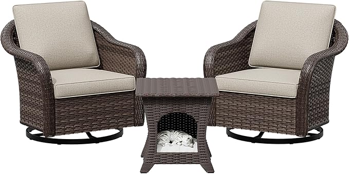 Outdoor Wicker 360 Degree Swivel Glider Rocker Chairs Set of 2 with Cat House Side Table - Photo 9