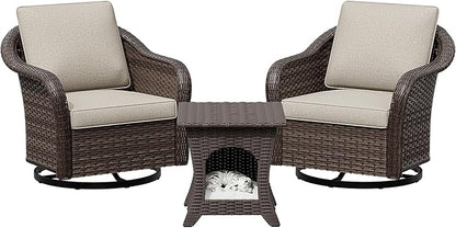 Outdoor Wicker 360 Degree Swivel Glider Rocker Chairs Set of 2 with Cat House Side Table, Patio Conversation Furniture Set with Washable Cushions for Garden, Poolside (Beige)