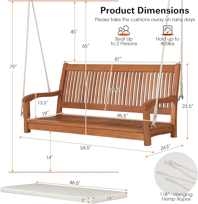 Tangkula 2 Person Hanging Porch Swing, Outdoor Bench Swing with Hanging Ropes, High Back, Cozy Armrests - Photo 4