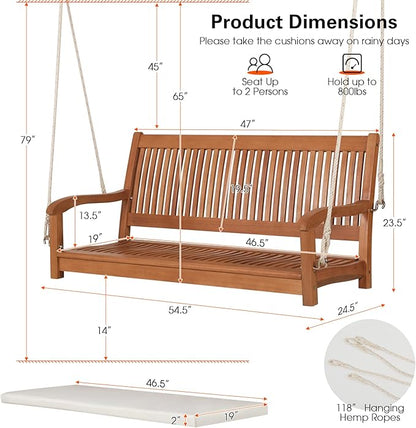 Tangkula 2 Person Hanging Porch Swing, Outdoor Bench Swing with Hanging Ropes, High Back, Cozy Armrests, Heavy Duty 800Lbs Wooden Hanging Swing Chair with Cushion for Backyard, Deck, Garden Natural