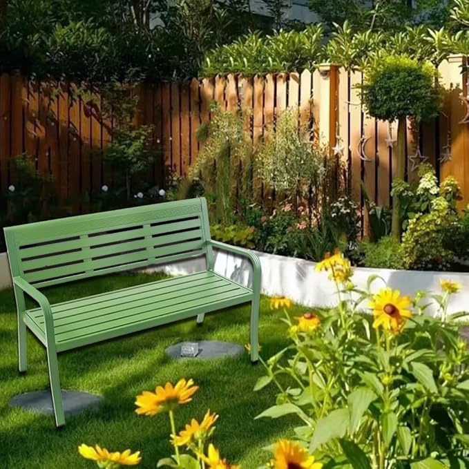 Metal Garden Bench 2-Seater, Aluminum Park Bench with Backrest and Armrests, Weatherproof Outdoor Furniture Loveseat(Green)