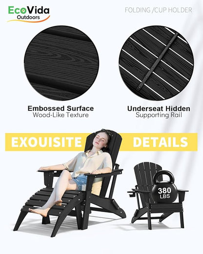Folding Adirondack Chair 3-Piece Set - 38" Extra Tall Back & Embossed Wood Grain, Oversized HDPE Patio Furniture with Side Table & Cup Holders, 380lb Heavy Duty, Black