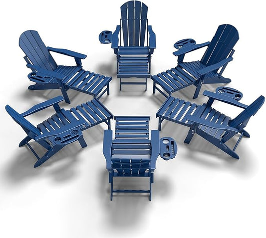 Adjustable Adirondack Chair with Retractable Ottoman Set of 6, HDPE Folding Adirondack Chair with Cup Holder, All Weather Fire Pit Chair for Outdoor.