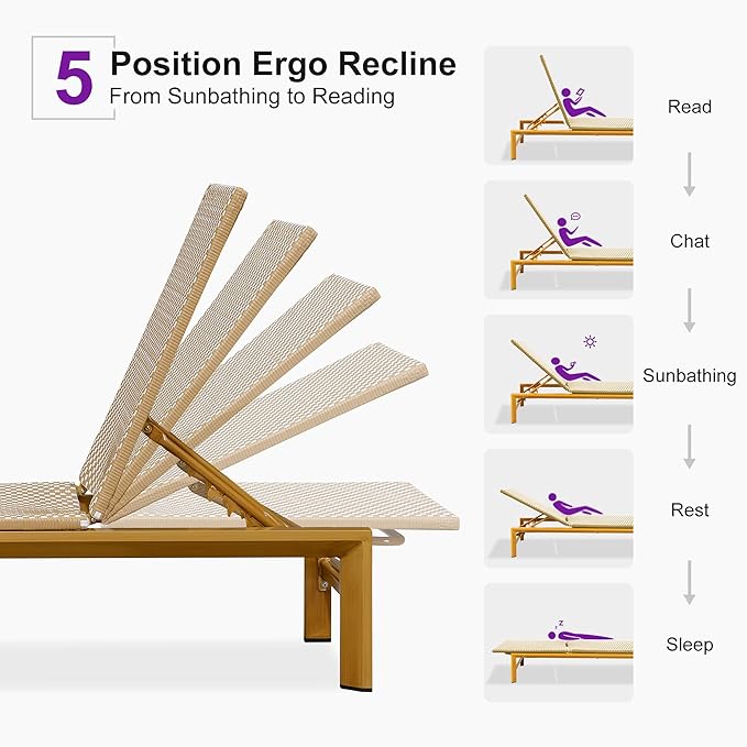 PURPLE LEAF Extra Wide Patio Chaise Lounge Set of 2 Outdoor Lounger French PE Rattan Lounge Chair with Reclining Adjustable Backrest for Pool Garden Beach and Backyard Light Brown