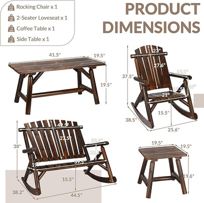 4-Piece Outdoor Wood Rocking Bistro Set, Rustic Wooden Conversation Set Including 2-Seater Loveseat, 2 Coffee Table, Log Rocker Chair, Patio Furniture Chair Set for Lawn Yard, Carbonized