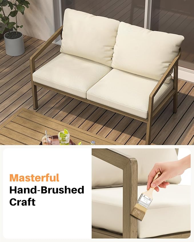 Teak Outdoor Patio Loveseat, Never-Rust Aluminum Outdoor Loveseat Couch with Thick Cushions, Modern 2-Seater Patio Sofa Bench, Outdoor Sofa Loveseat Furniture for Deck, Poolside | Never-Rust, Wood-Grain Texture, Wraparound Design, Removable Cushions