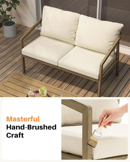 Teak Outdoor Patio Loveseat, Never-Rust Aluminum Outdoor Loveseat Couch with Thick Cushions, Modern 2-Seater Patio Sofa Bench, Outdoor Sofa Loveseat Furniture for Deck, Poolside | Never-Rust, Wood-Grain Texture, Wraparound Design, Removable Cushions