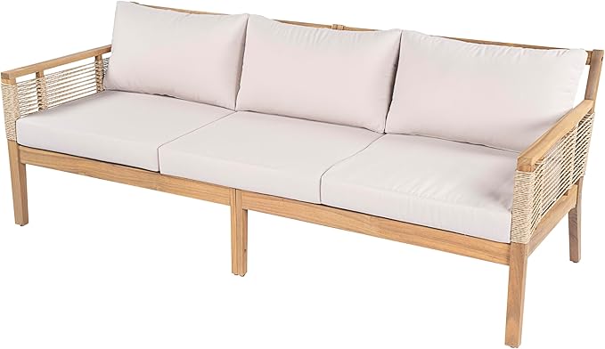Merax Outdoor 5 Piece Patio Acacia Wood Conversation Set with Beige Cushions, Hand Woven Rope Design - Photo 5