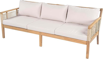 Merax Outdoor 5 Piece Patio Acacia Wood Conversation Set with Beige Cushions, Hand Woven Rope Design, Furniture for Garden Backyard Poolside, Teak