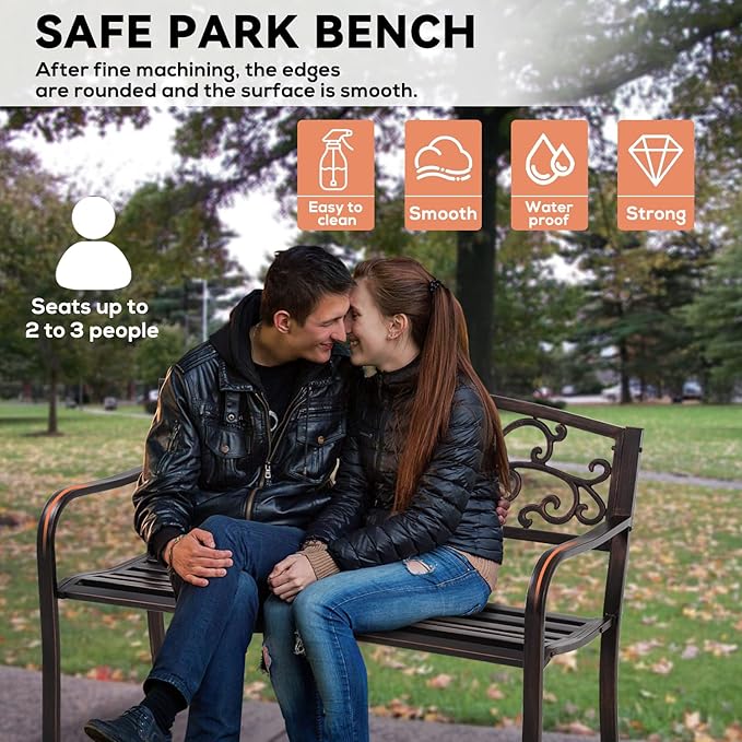 Outdoor Bench, Rust-Proof Cast Iron Park Bench, Hold 485 lbs Heavy-Duty Metal, 50" x 21" x 35", Bronze