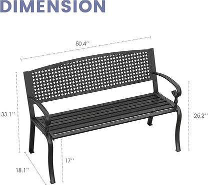 VICLLAX Outdoor Garden Bench, 50” Long Metal Patio Bench with Backrest and Armrests, Modern Slatted Black Park Bench for Front Porch, Lawn, Yard, Garden, Square Pattern Back