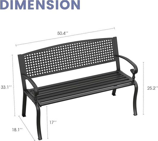 VICLLAX Outdoor Garden Bench, 50” Long Metal Patio Bench with Backrest and Armrests, Modern Slatted Black Park Bench for Front Porch, Lawn, Yard, Garden, Square Pattern Back