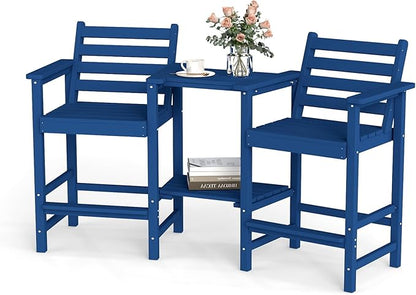 Tall HDPE Adirondack Bar Chairs Set of 2, Outdoor Balcony Bar-Height Chairs with Extra-Large Side Trays & 2" Umbrella Hole, All-Weather Patio Stools for Porch, Deck, Garden (Navy Blue, 2chair)
