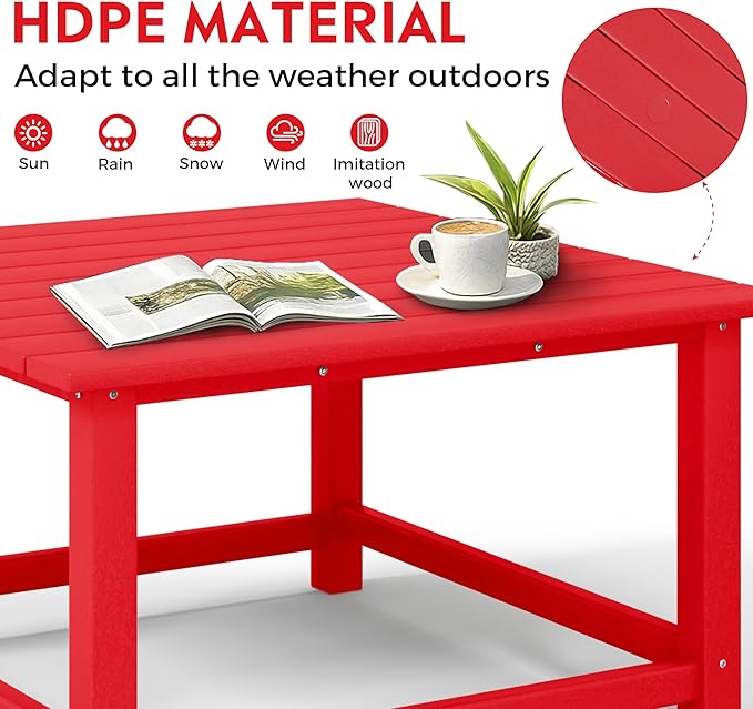 Costaelm Patio Conversation Table, Tatio Accent HDPE Outdoor Weather Resistant, Square Outdoor Porch Balcony Patio Drink Table for Outside, Pool, Backyard, Red