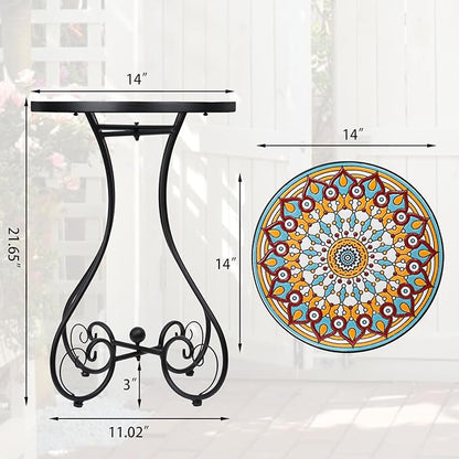 VCUTEKA Mosaic Outdoor Side Table, Round Rustproof Patio Table with 14" Ceramic Tile Top, Indoor Porch Accent Table for Yard, Garden, Living Room, Bistro Balcony