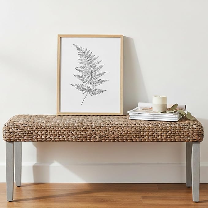 Solid Wood Acacia Indoor Bench with Natural Woven Seat, Wood Bench for Living Room or Entryway - Photo 9