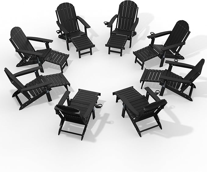 YEFU Adirondack Chair with Retractable Ottoman: Adjustable Folding Adirondack Chairs with Cup Holder - Sturdy HDPE Plastic Fire Pit Chairs Set of 8 - All Weather for Outdoor/Patio/Pool/Deck(Black)