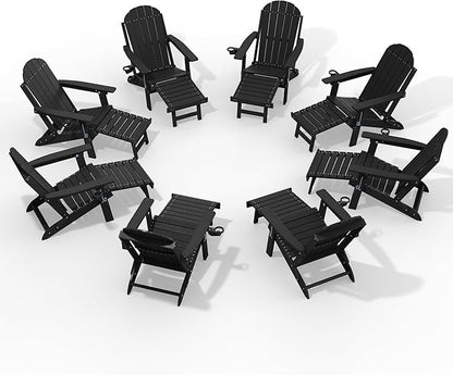 YEFU Adirondack Chair with Retractable Ottoman: Adjustable Folding Adirondack Chairs with Cup Holder - Sturdy HDPE Plastic Fire Pit Chairs Set of 8 - All Weather for Outdoor/Patio/Pool/Deck(Black)