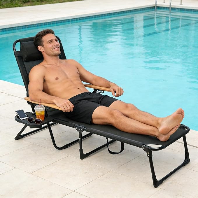 Folding Outdoor Chaise Lounge Chair, Portable Camping Cot with Headrest, 4 Position Beach Lounge with Cup Holders & Wooden Armrests, Sun Tanning Chair for Patio Pool Lawn, Supports 350lbs (Black)