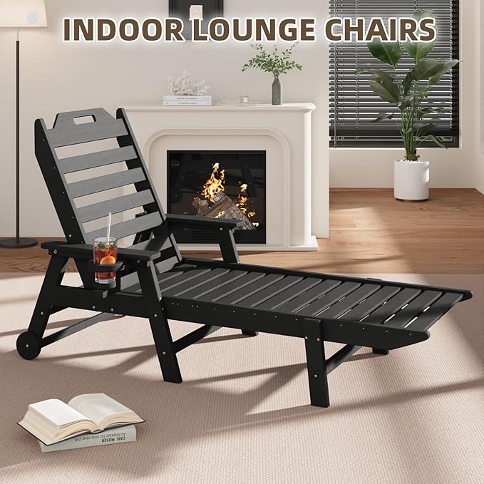 Mdeam 6-Position Lounge Chair Outdoor, 22" W Oversized Sun Tanning Chair, 500LBS Capacity, HDPE All-Weather Patio Lounge Chaise with Wheels Cup Holder for Pool Beach Backyard Lawn Deck, Black