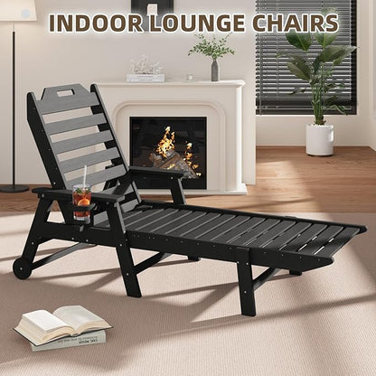 Mdeam 6-Position Lounge Chair Outdoor, 22" W Oversized Sun Tanning Chair, 500LBS Capacity, HDPE All-Weather Patio Lounge Chaise with Wheels Cup Holder for Pool Beach Backyard Lawn Deck, Black