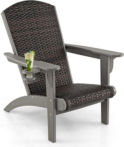 Tangkula Patio Wicker Adirondack Chair, HDPE Lounge Chair w/Rattan Padded Seat & Back, Wide Armrests & Hidden Cupholder, Outdoor All-Weather Adirondack Fire Pit Chair for Backyard, Lawn (2, Grey)