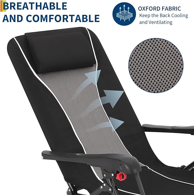 Folding Chaise Lounge Chair for Outdoor – Portable Reclining Camping Chair with Adjustable Backrest, Pillow & Breathable Fabric, Heavy-Duty 330 LBS Capacity, Sun Lounger for Beach, Patio, Garden
