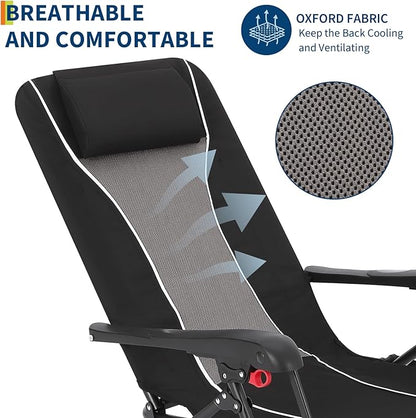 Folding Chaise Lounge Chair for Outdoor – Portable Reclining Camping Chair with Adjustable Backrest, Pillow & Breathable Fabric, Heavy-Duty 330 LBS Capacity, Sun Lounger for Beach, Patio, Garden