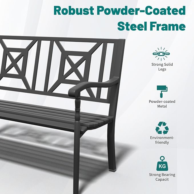 Metal Bench Patio Bench, Outdoor Benches Weatherproof with Lattice Backrest, Wrought Iron Garden Benches for Outdoors, Patio, Garden, Park, 2 Pack