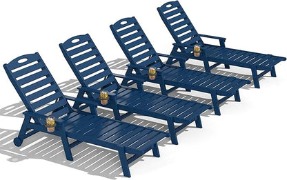 Domi Outdoor Chaise Lounge Chairs Set of 4, HDPE All-Weather Pool Loungers with 5-Position Adjustable Reclining Backrest & Rolling Wheels for Poolside Sunbathing Tanning, Blue