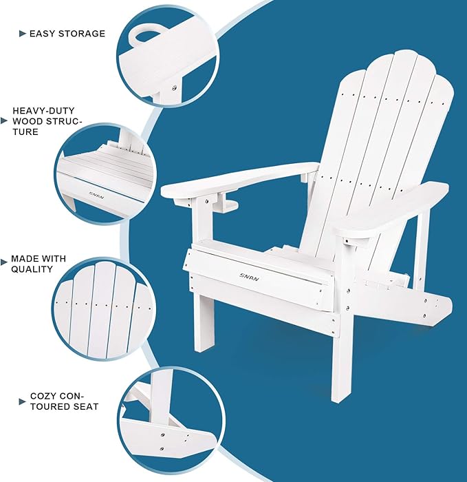 SNAN Adirondack Chair Weather Resistant with Cup Holder, Chair for Patio&Lawn & Garden,Poly Lumber,Fade-Resistant,All-Weather,Wood-Like Processing and Sturdy Outdoor Chair (White)