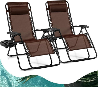 Goplus Zero Gravity Lounge Chairs, 160°Adjustable Folding Recliner w/Pillow and Cup Holder, 350LBS Comfy Outdoor Lounge Chairs for Patio, Lawn, Yard & Camp(Set of 2, Brown)