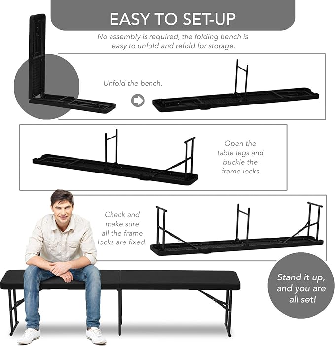 AJP Distributors 2 Pack 6 Foot Portable Plastic Folding Bench 6FT 72" Half Foldable Heavy Duty Seat w/Carry Handle - Indoor Outdoor Backyard Camping Picnic BBQ Party Wedding Dining Event Meeting Black