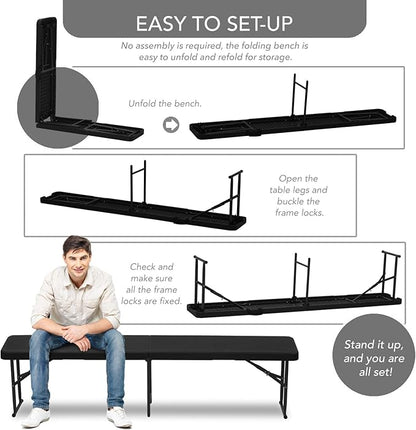AJP Distributors 2 Pack 6 Foot Portable Plastic Folding Bench 6FT 72" Half Foldable Heavy Duty Seat w/Carry Handle - Indoor Outdoor Backyard Camping Picnic BBQ Party Wedding Dining Event Meeting Black