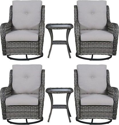 Rilyson Wicker Rocking Chair Swivel Chairs – 6 Piece Rocker Patio Furniture Set Rattan Rocking Bistro Sets with Glass Top Side Table for Outdoor Porch Deck Garden Backyard(Mixed Grey/Grey)