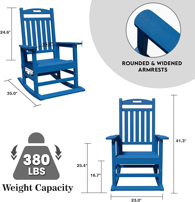 PLUUV Outdoor Rocking Chair, HDPE Patio Rocking Chairs with Footboard, All Weather Porch Rockers Outdoor for Adult, Navy