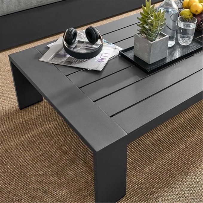 Pemberly Row Modern Outdoor Patio Coffee Table, Powder-Coated Aluminum, Gray Finish, Rectangular 51" W x 26.5" D x 12" H, Weather-Resistant with Non-Marking Foot Glides for Deck or Patio Use