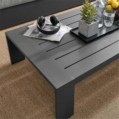 Pemberly Row Modern Outdoor Patio Coffee Table, Powder-Coated Aluminum, Gray Finish, Rectangular 51" W x 26.5" D x 12" H, Weather-Resistant with Non-Marking Foot Glides for Deck or Patio Use