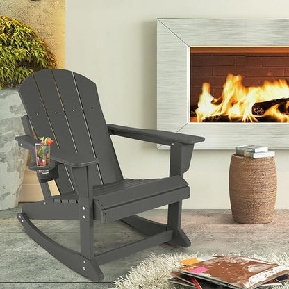 Outdoor Rocking Chair Set of 2, HDPE Poly All-Weather Patio Rocking Chairs with Cup Holder for Adults, Porch Rocker for Deck Patio Balcony, 440lbs, Dark Gray
