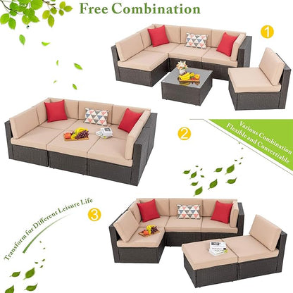 Vongrasig 6 Piece Patio Furniture Set, Small Outdoor Sectional Sofa Couch, All Weather PE Wicker L-Shaped Corner Patio Sofa Garden Backyard Patio Conversation Set w/Glass Table, Beige