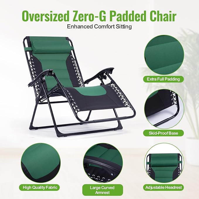 Backyard Expressions Deluxe XL Padded Recliner Zero Gravity Chair – Ergonomic Anti-Gravity Lounger with Folding Design, Side Tray, and Adjustable Headrest