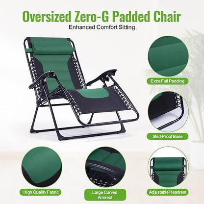Backyard Expressions Deluxe XL Padded Recliner Zero Gravity Chair – Ergonomic Anti-Gravity Lounger with Folding Design, Side Tray, and Adjustable Headrest