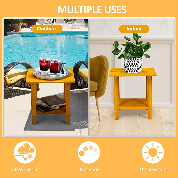2 Tier Outdoor Side Table with Wood-Like Grain, 16.6" HDPE Adirondack Table Patio Side Table, Weather Resistant End Table for Pool, Patio & Porch, Small Outdoor Table(Tangerine, Rectangle)