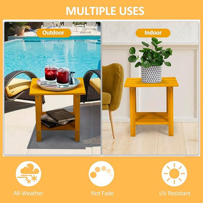 2 Tier Outdoor Side Table with Wood-Like Grain, 16.6" HDPE Adirondack Table Patio Side Table, Weather Resistant End Table for Pool, Patio & Porch, Small Outdoor Table(Tangerine, Rectangle)