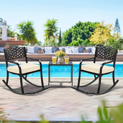 VINGLI Metal Rocking Chair, Outdoor Rocking Bench with Cushion, Patio Rocker with Footrest, Weatherproof Rocking Chair for Outside, Patio, Garden, Hole Backrest