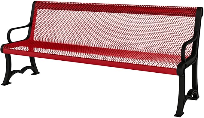 COATEDOUTDOORFURNITURE Coated Outdoor Furniture Heavy-Duty Outdoor Bench Thermoplastic Coated, Expanded Metal, Commercial-Grade Garden Bench, Made in America (Portable with Back, 4 Ft, Textured Red)
