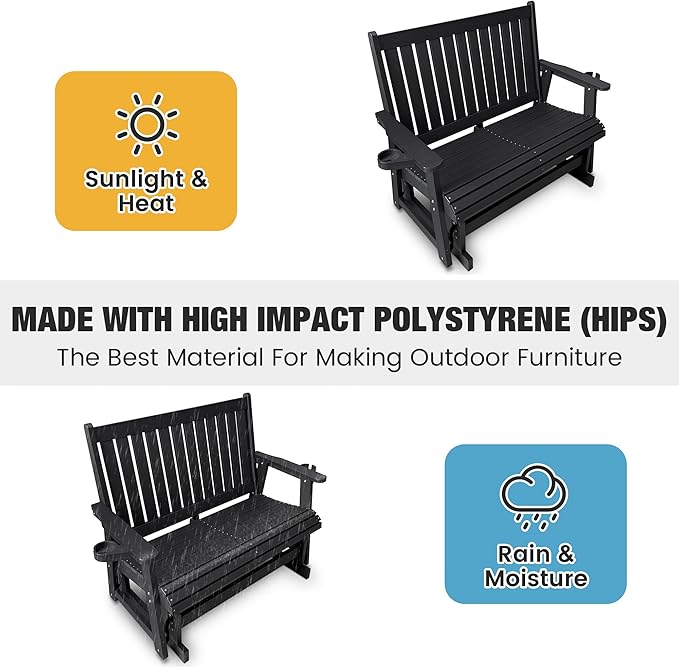 HIPS Patio Glider Two-Seat with Cup Holders, Durable HIPS Material, All-Weather Resistant, High Backrest and Deep Contoured Seat, Heavy Duty 900 LB, for Outdoor, Porch, Patio (Vanta Black)