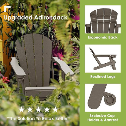 GREENVINES Adirondack-Chairs-with-Ottoman | Set of 2 | Wood Grain | Folding | Retractable-Footrest | HDPE Plastic | All Weather Fire Pit Chair | Cup Holders | for Outdoor Poolside