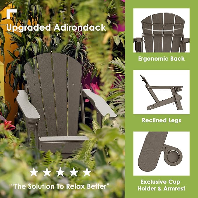 GREENVINES Adirondack-Chairs-with-Ottoman | Set of 4 | Wood Grain | Folding | Retractable-Footrest | HDPE Plastic - Photo 3